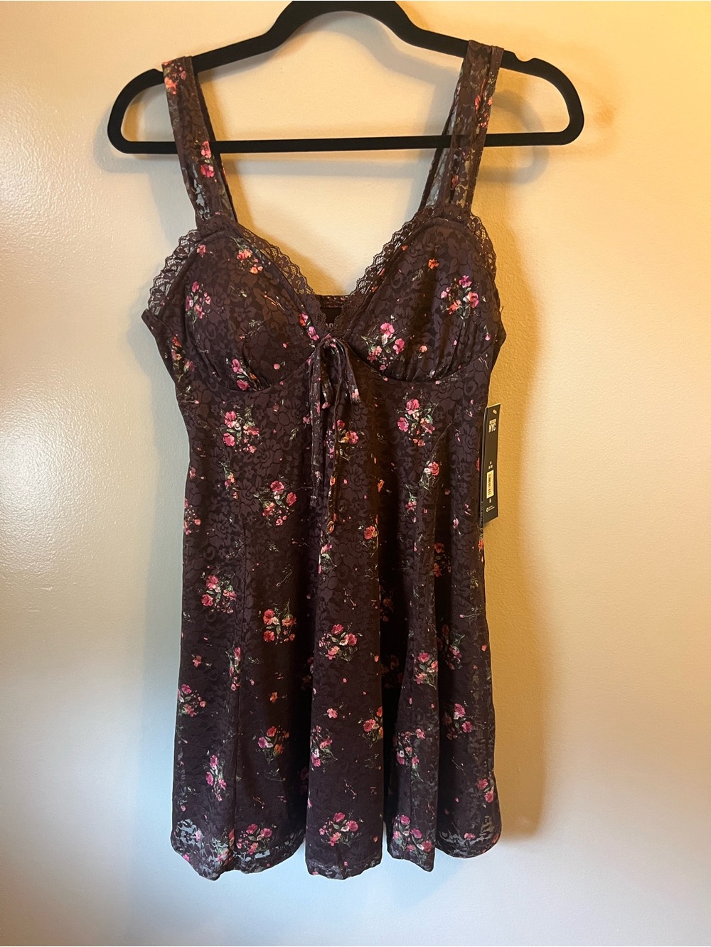 Floral Lace-Trim Chemise in Dark Brown with Pink Roses